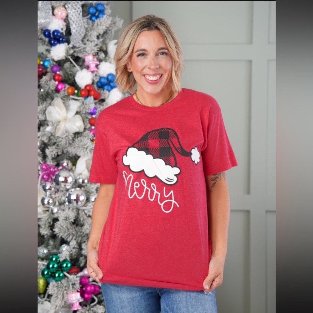NEW Christmas Graphic Tee ‘Merry’ with Santa Hat size medium